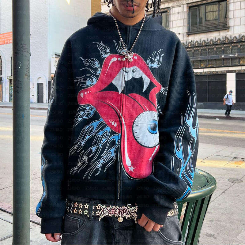 Autumn winter niche lazy funny abstract trendy brand loose zipper long sleeved top hoodie hooded cardigan men's and women's jacket