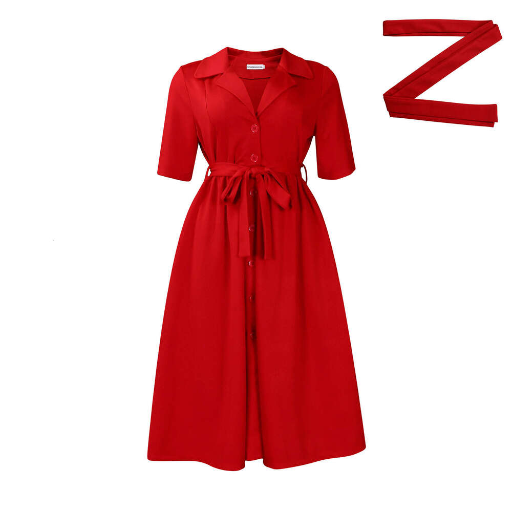 D506 Women's Summer Suit Collar Short Sleeve Solid Color Waist Large Swing Dress 2025 New Casual Fashion Trendy Clothing