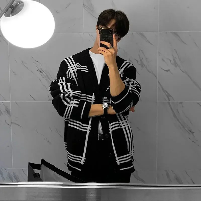 Vneck Knitted Open Collar Mens Fashion Loose Lazy Style Minimalist Checkered Sweater Casual High End Jacket Top 250226
