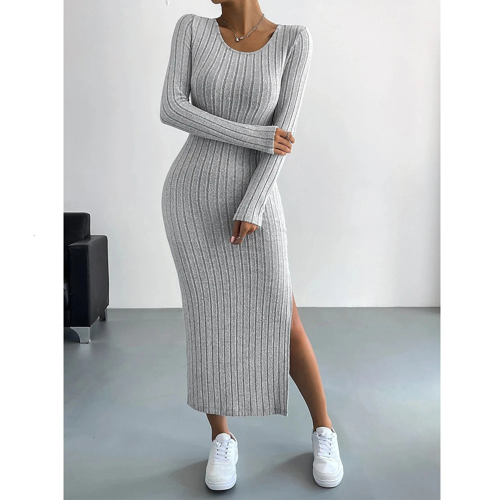 Mia Muse Womens Dresses Fall Winter Knitted Stripe Split U Neck Elastic Basic Bodycon Full Length Casual Maxi Long Dresses 250222