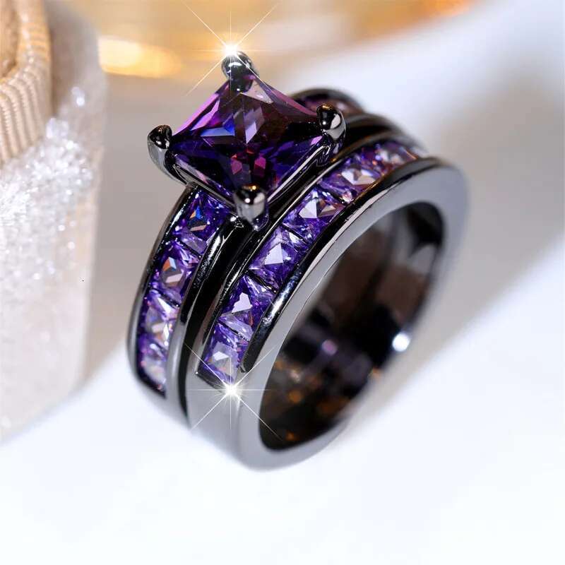 Princess Cut Lab Amethyst Ring Set 10KT Black Gold Engagement Wedding Band Rings for Women Men Promise Party Jewelry