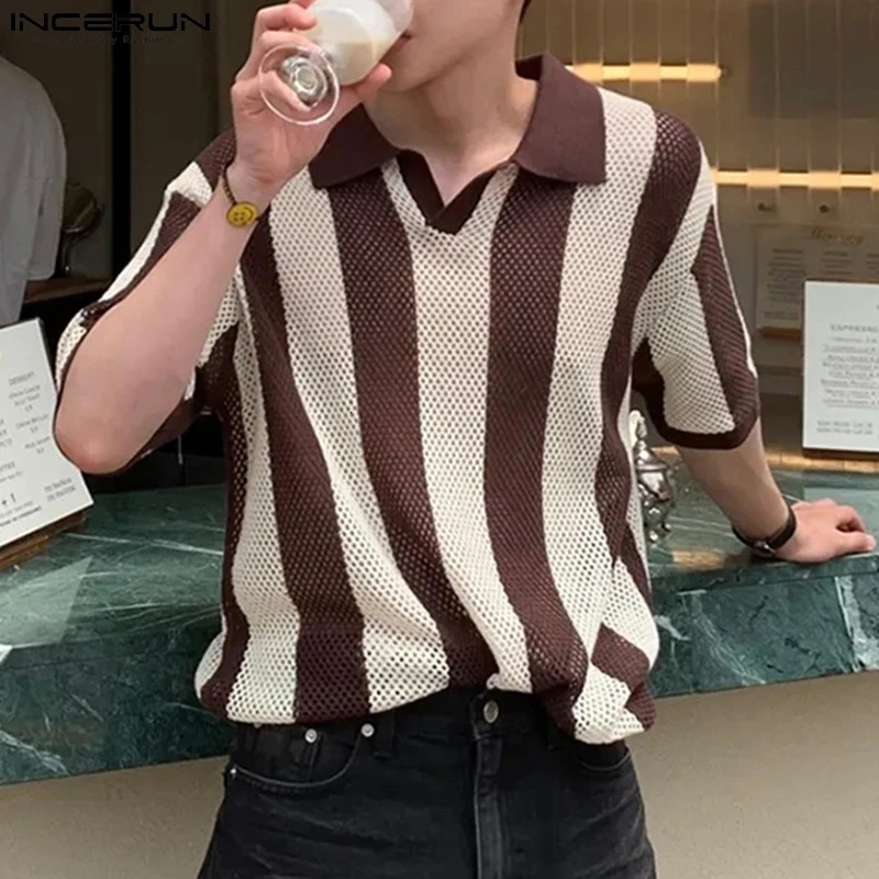 Summer Men Striped Shirt Lapel Short Sleeve Hollow Out See Through Casual Men Clothing Streetwear Fashion Shirts INCERUN 250224
