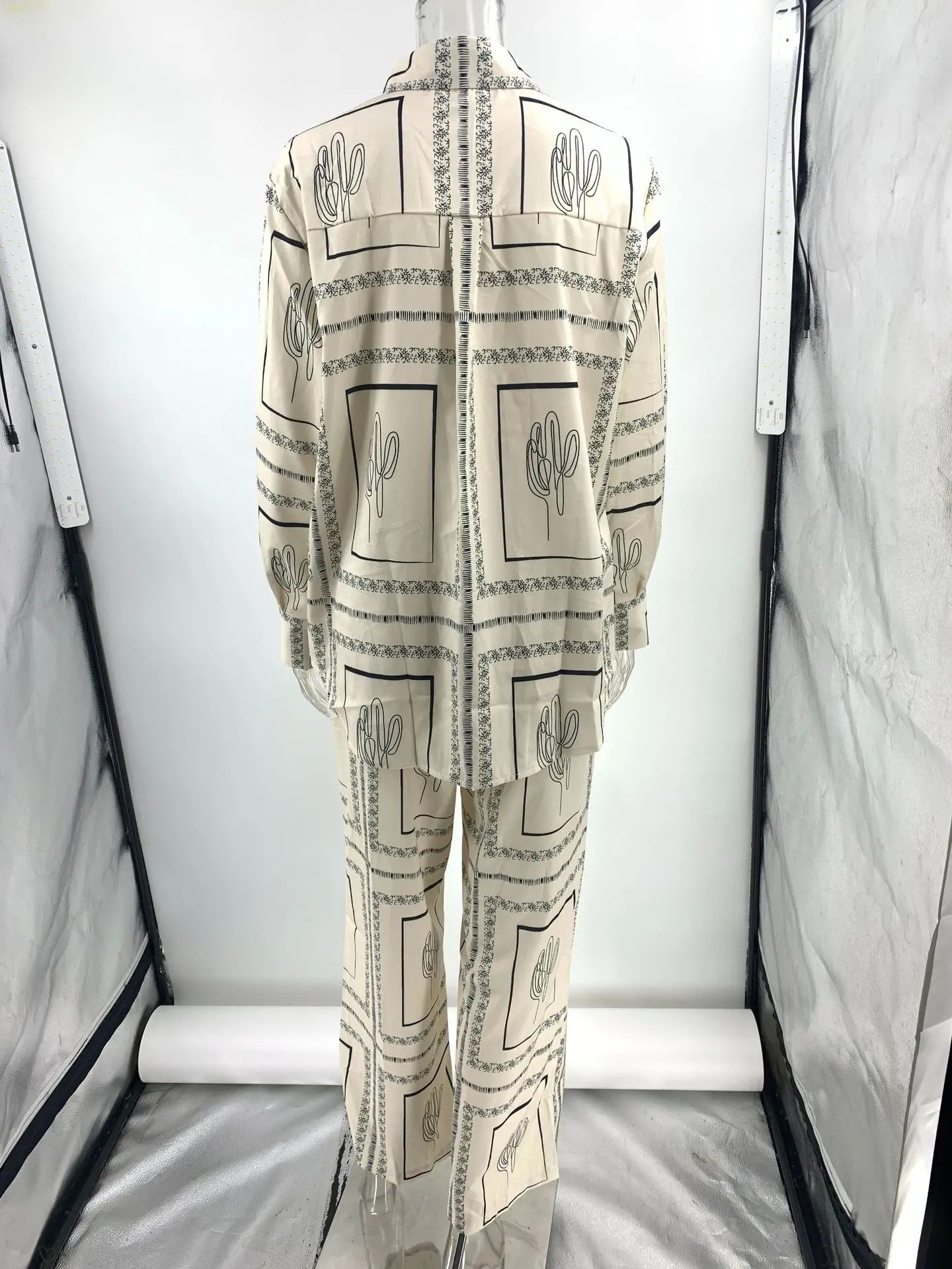 Printed Shirts Two Piece Set Women Long Sleeve Lapel High Waist Wide Leg Pants Suit For Home Wear Outfits Clothing 250226
