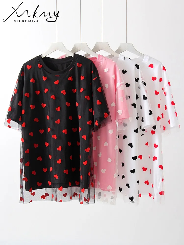 Summer Oversized Mesh T Shirt Women Short Sleeve Red Heart Tulle Top Tees Casual Loose Cotton Chic Two Piece T-Shirt For Women 250226