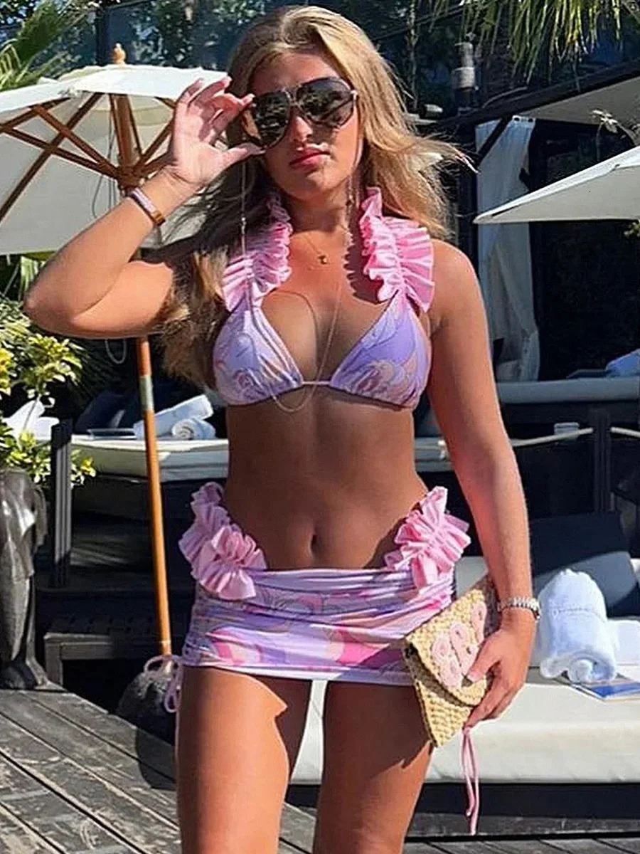 With Skirt Ruffled Frill Bikini Female Swimsuit Women Thong Swimwear Three-pieces Bikini Set Micro Bathing Suit Swim Beachwear 250226