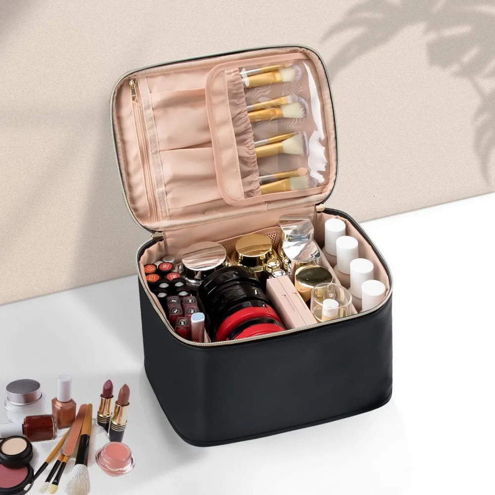 Ship from US Large Ladies Cosmetic Bag Travel Organizer with Brush Holder and Divider Waterproof Leather 250227FBB
