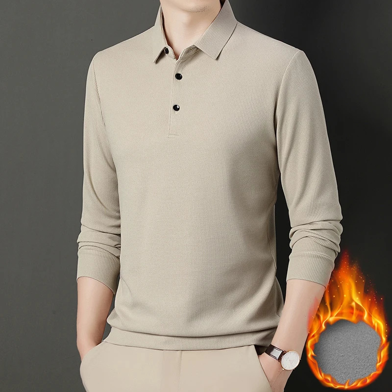 Fashion Winter Fleece Warm Men Business Wargoff Polo Shirts Long Sleeve Button Lapel Male Clothing Thick Casual T-Shirt Tops 250224