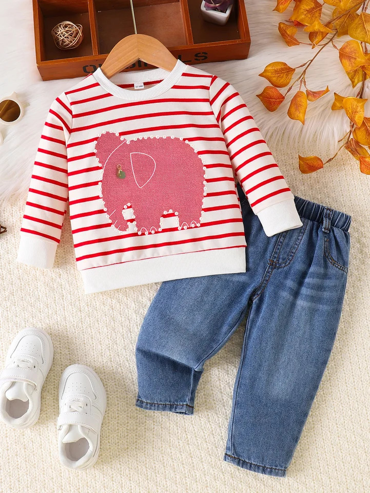 0-24 Months Spring Autumn Boy Girl And Toddler Elephant Stripe Top Casual Cute Print Jeans Set 250227