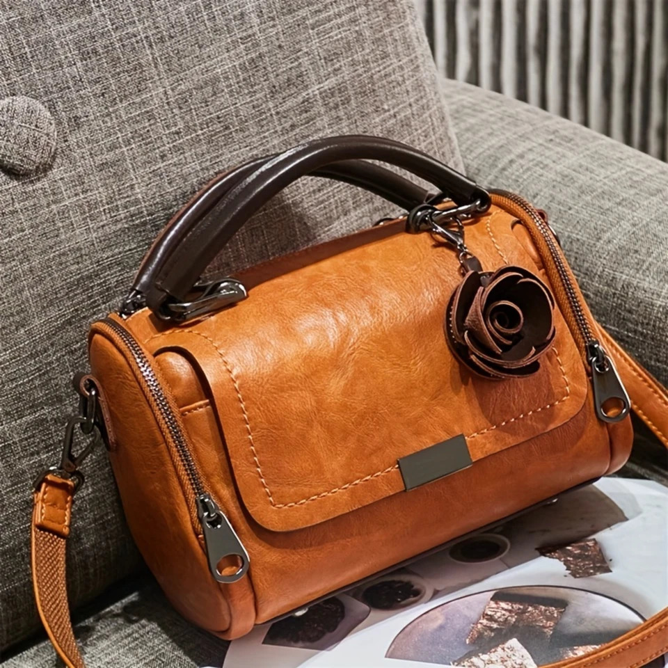 Ship from US Vintage Top Handle Boston Bag Retro Genuine Leather Crossbody Womens Classic Handbag Shoulder Purse 250227FBB