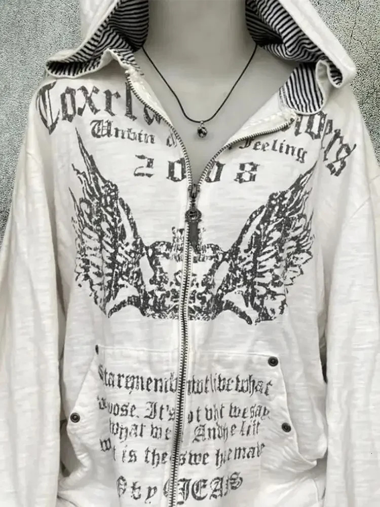 Vintage Sweatshirts Womens Clothes White Print Tunic Hooded Y2k Coat Streetwear Fashion Casual Hoodies Tops Clothing 250226