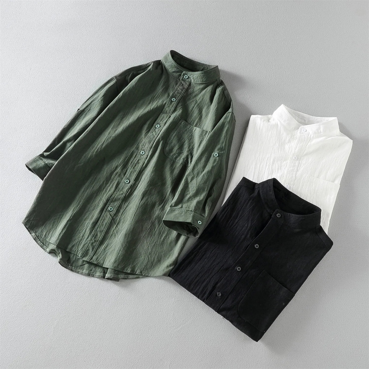 Spring and Summer Stand Collar Five-point Mid-sleeve Fashionable Mens Short-sleeved Shirt Seven-point Sleeve Large Size Mens 250224