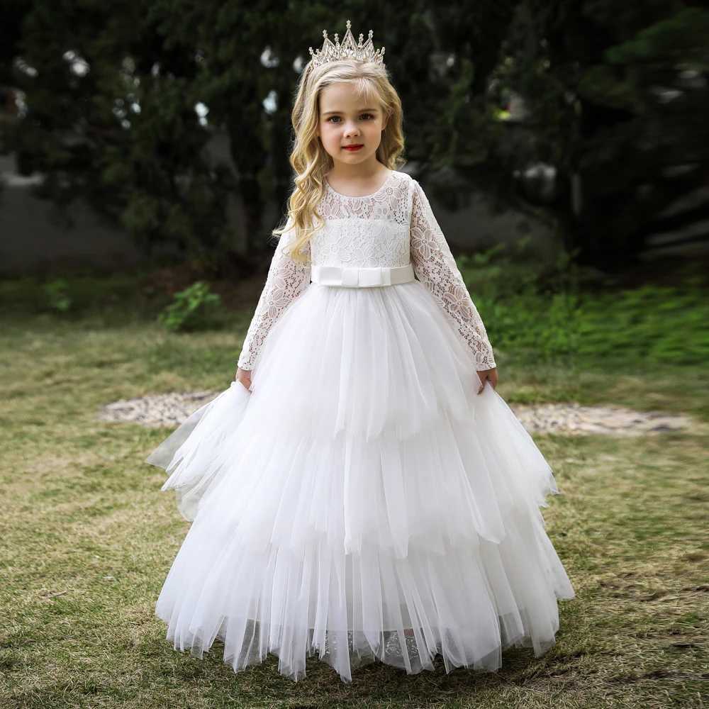 Girl's Dresses Lace Long Sleeve White Bridesmaid Dress For Girls Kids Princess Evening Dresses Children Girl Wedding Party Costume Clothes Y25022
