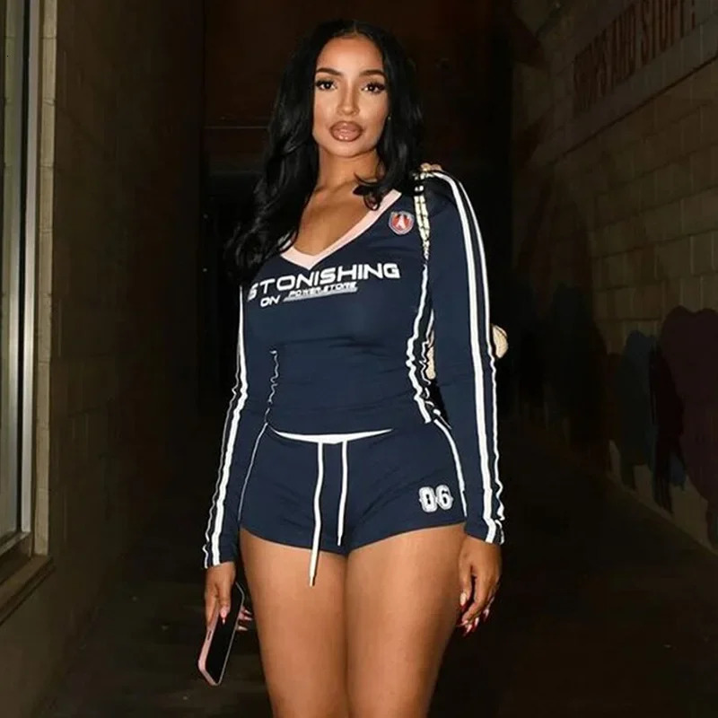 ANJAMANOR Sport 2 Piece Sets Women Outfit Letter Print V Neck Long Sleeve Top and Shorts Set Women Baddies Outfit D78-DZ25 250226
