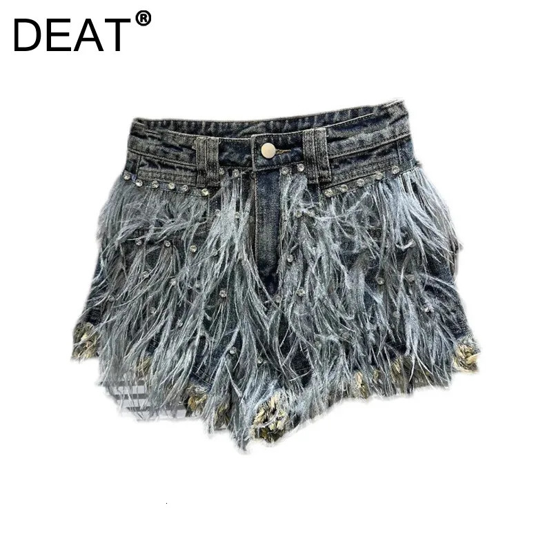 DEAT Womens Denim Shorts High Waist Diamonds Feathers Burrs Edge Wide Leg Super Short Jeans 2025 Spring Fashion 11XX5620 250226