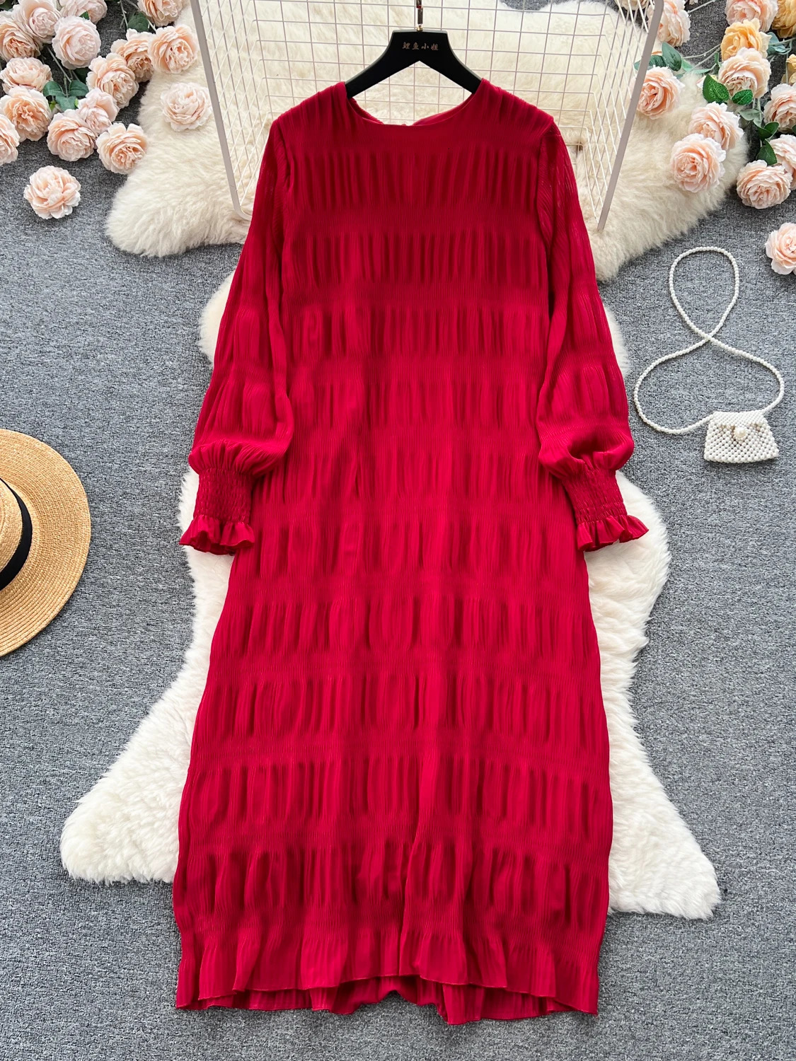 Autumn Vintage Women Draped Loose Midi Dress Elegant Round Collar Puff Long Sleeve Dress Casual Yellow/Burgundy/Green Dress 250226