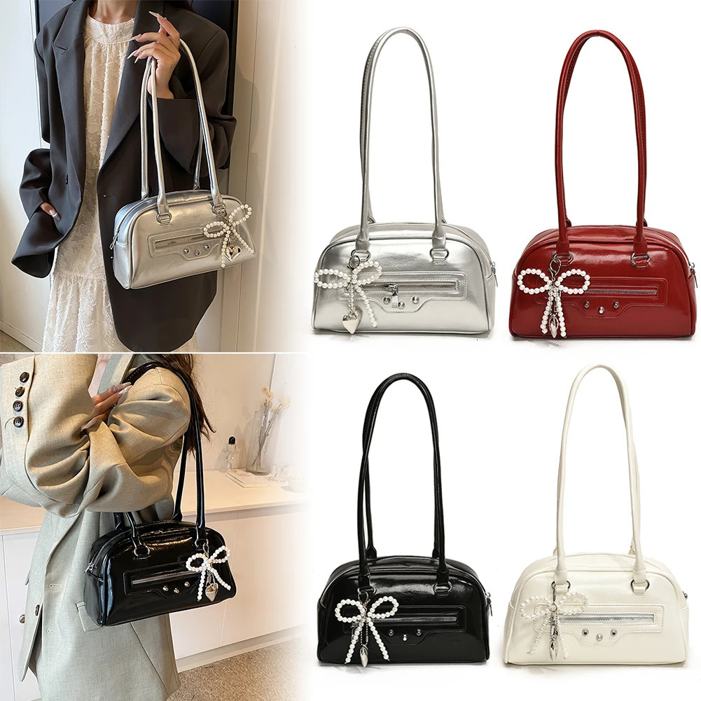 Ship from US Women PU Shoulder Bag Trendy Tote Handbag Large Capacity Chic Hobo Zip Closure with Bow Pendant Outdoor Travel 250227FBB