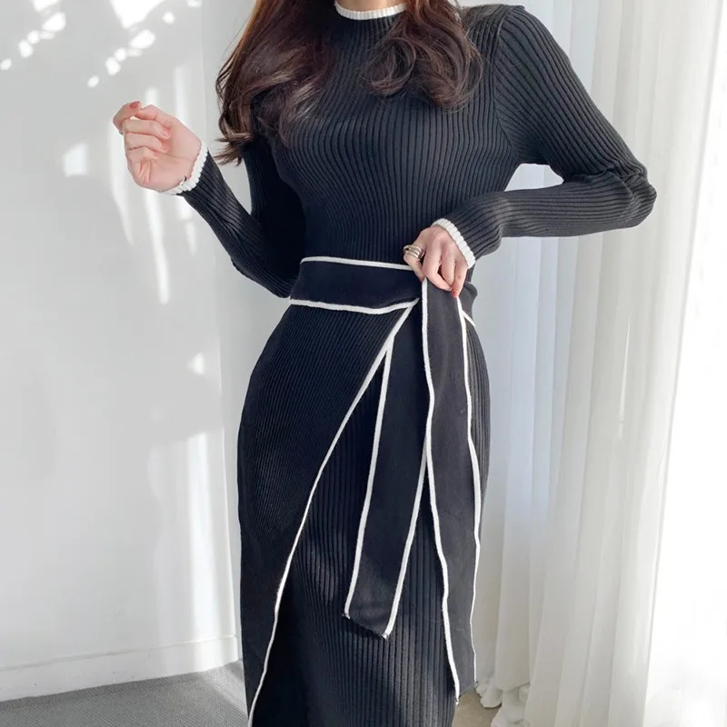 YuooMuoo Elegant Lace Turtle Neck Knitted Long Dress Korean Fashion Khaki Black Rib Bandage Tight Sweater Robe Women 250226