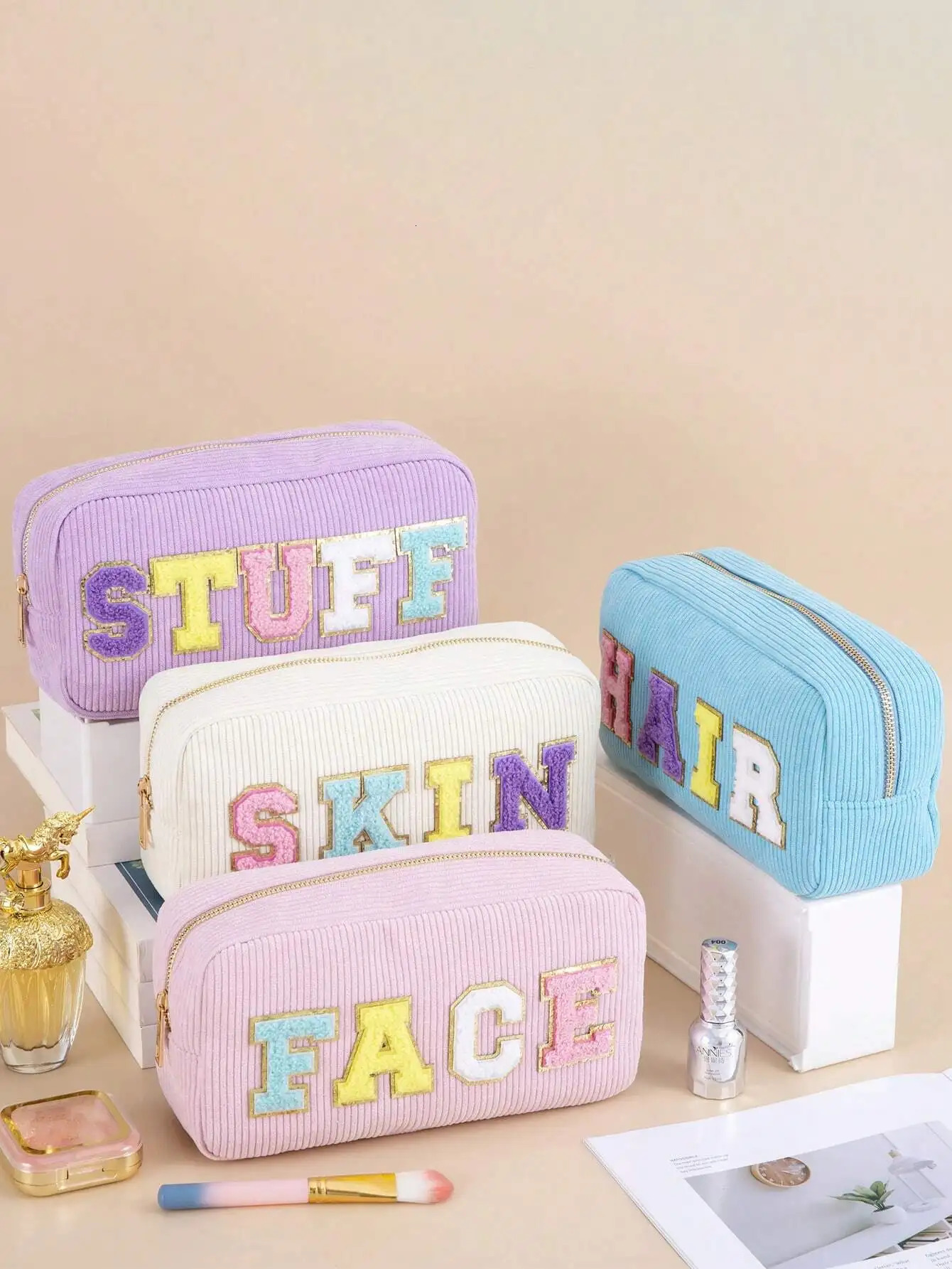 Ship from US 1Pc4Pcs Women Girls Preppy Travel Corduroy Chenille Letter Patches Skincare Face Hair Stuff Makeup Pouch Cosmetic Bags Z 250227FBB