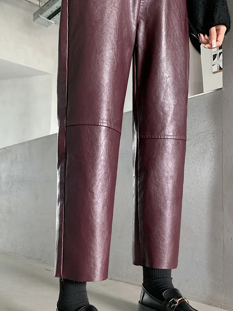 QOERLIN Fall Winter PU Leather Pants Women Elegant High Waist Pockets Faux Harem Pant Female Back Elastic Trousers 250227
