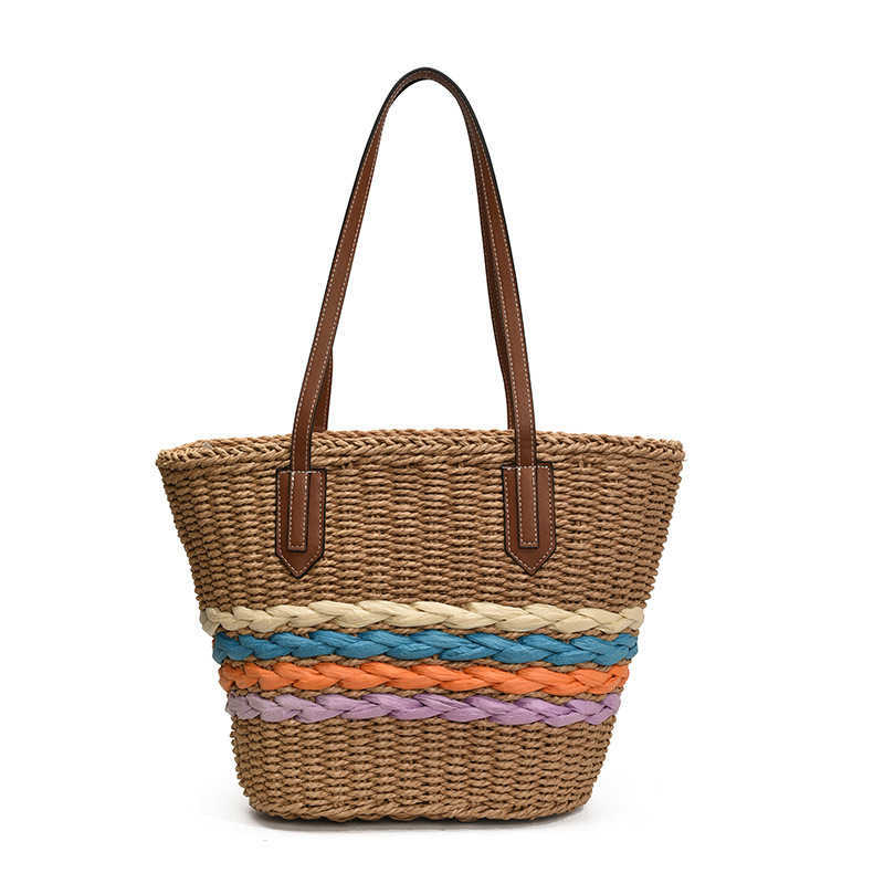 Bohemian style one shoulder grass woven bag, summer 2025 new rainbow striped woven bag, beach vacation beach bag