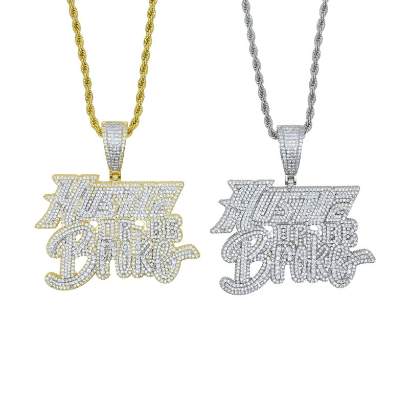Bling 5A CZ Cubic Zircon Paved Hustle Or Be Broke Letter Pendant Necklace with Rope Chain for Men Boy Iced Out Jewelry 250227