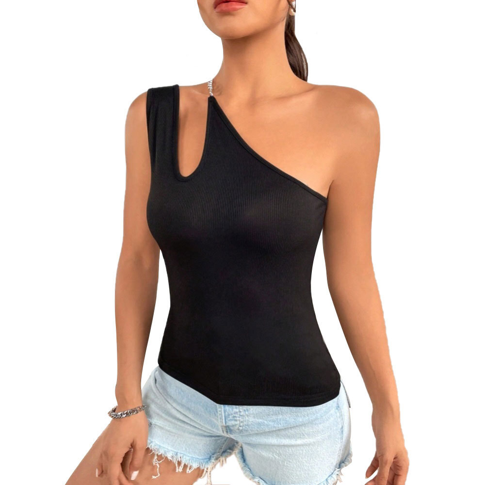 2025 Spring/Summer New Ins Women's Sexy Hollow Collar T-shirt Sleeveless Off Shoulder Slimming Top