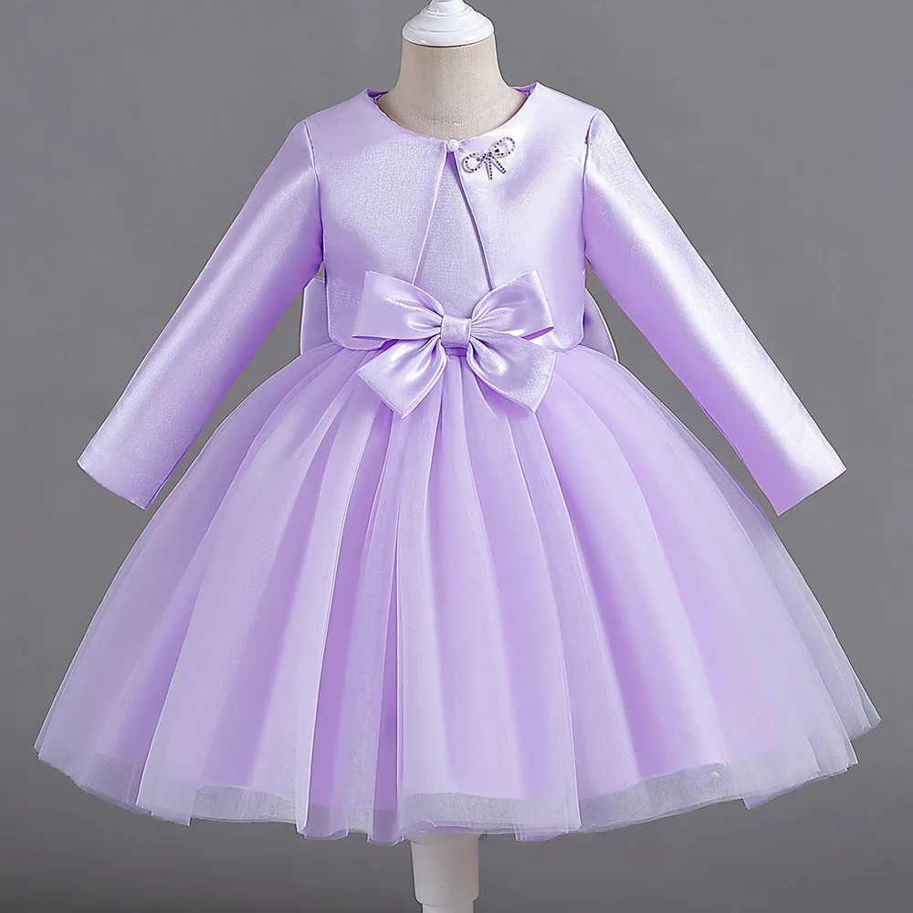 Girl's Dresses ELBCOS 4-14Y Girls Tie Crew Neck Long Sleeves Solid Color Fold Skirt Cardigan Coat Waist Bow Costumes Princess Party Dress Suit Y2