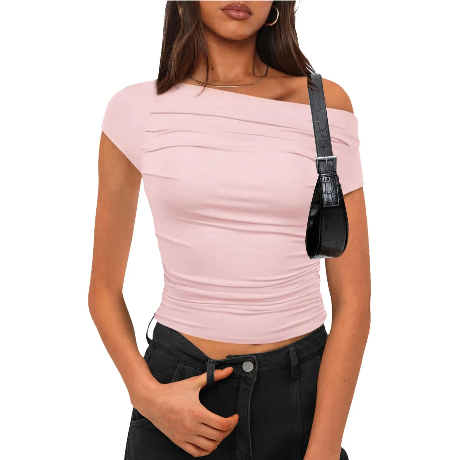 One Shoulder T Shirt Women Short Sleeve Basic Solid Color Tops Summer Crop Tops Slim Fit Clothes WomenS Glamorous Sexy Tops 250227
