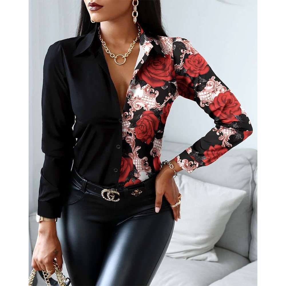 hot autumn and winter long sleeved V-neck color blocked retro style shirt top, versatile new trend clothing for 2025 temperament ins