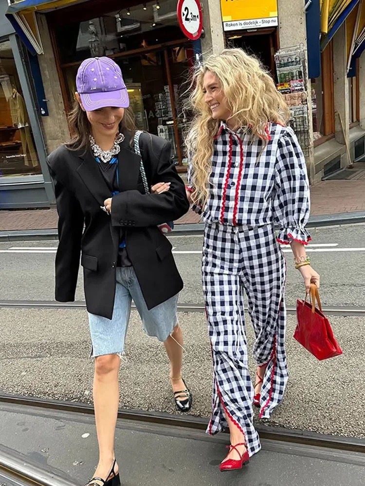 Casual Women Plaid 2 Piece Sets Fashion Lapel Single Breasted Half Sleeve Lace Pleated Pants Suits Spring Female Street Outfits 250226