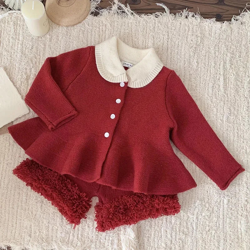 Autumn Winter Infant Baby Girls Clothing Set Long Sleeved Knitted CardiganShorts Toddler Baby Knitted Clothes Suit 250227