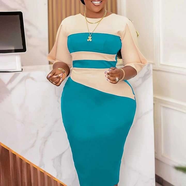 Large size women's spring style fashionable Tong Le OL five part sleeve color blocked hip dress 2025 temperament versatile new trend clothing ins