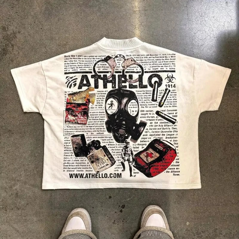 Y2K retro hiphop street clothing oversized pattern printing men shortsleeved casual cotton loose and women top 250226