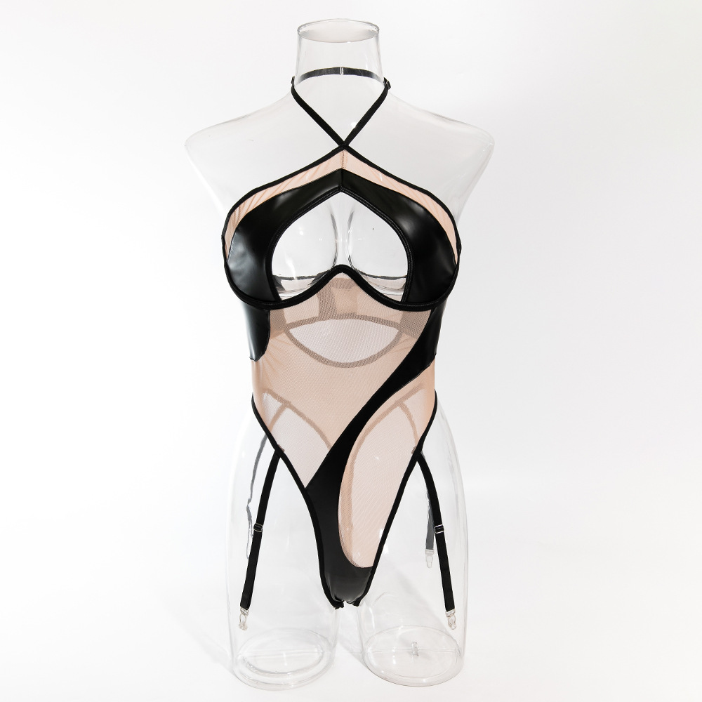 Women's Jumpsuits Halter Hollow Out PU Leather Playsuits Women Strapless Shapewear 2024 Fashion Patchwork Sheer Backless Sexy Bodysuits