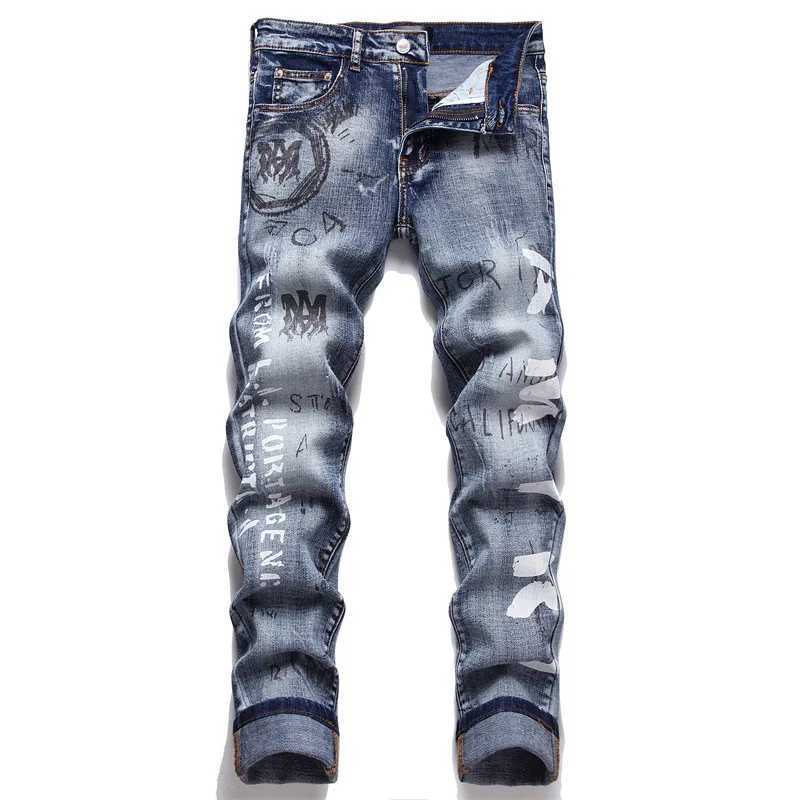 Slim-fit American Street Elastic Retro Cotton Print Hole Trendy Mens Fashion Niche Jeans Chaonan Collocation X250227