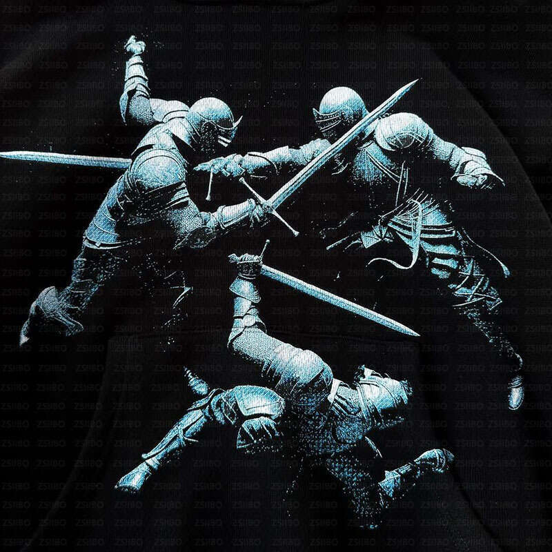 Dark personality high street trendy fencing combat printed long sleeved hoodie 2025 spring for men and women