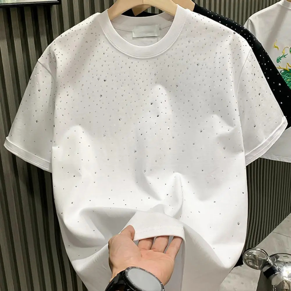 Summer Men T-shirt Rhinestone Decor Round Neck Loose Pure Color Short Sleeves Pullover Casual Mid Length Daily Wear Sport Top 250226