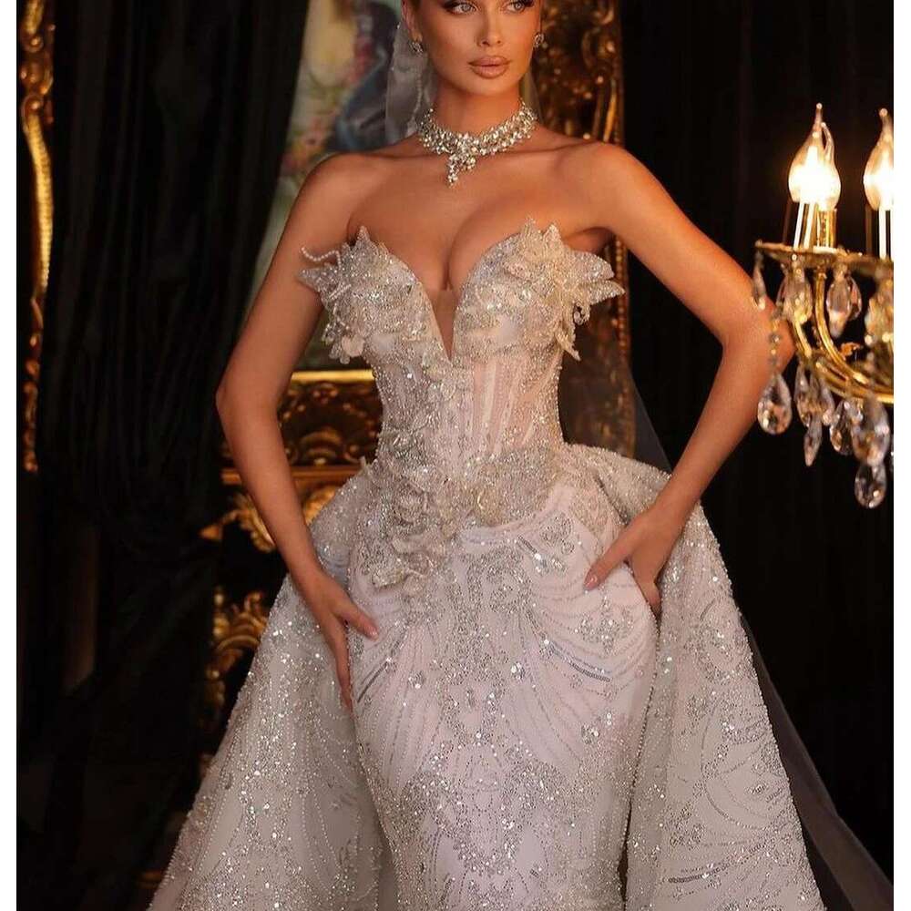 Mermaid Sexy Sweetheart Appliques Lace Pearls Wedding Dress Train Detachable Custom Bridal Dresses