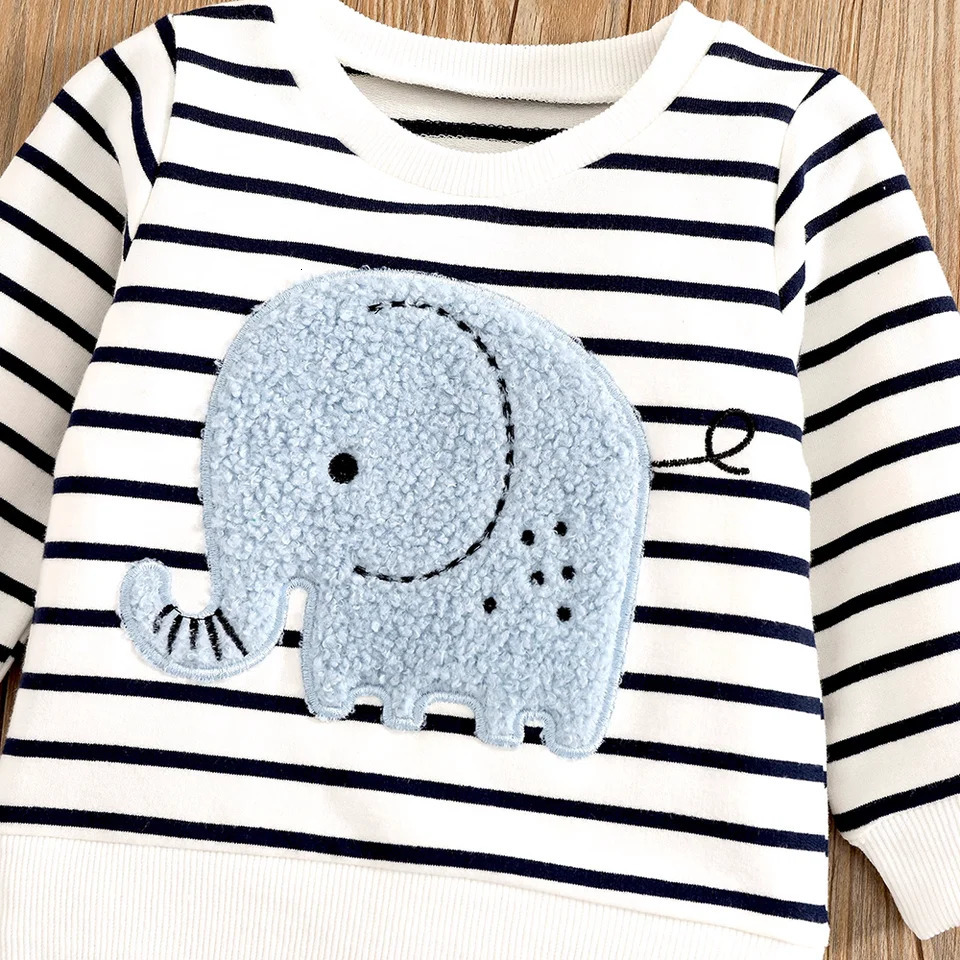 0-24 Months Spring Autumn Boy Girl And Toddler Elephant Stripe Top Casual Cute Print Jeans Set 250227