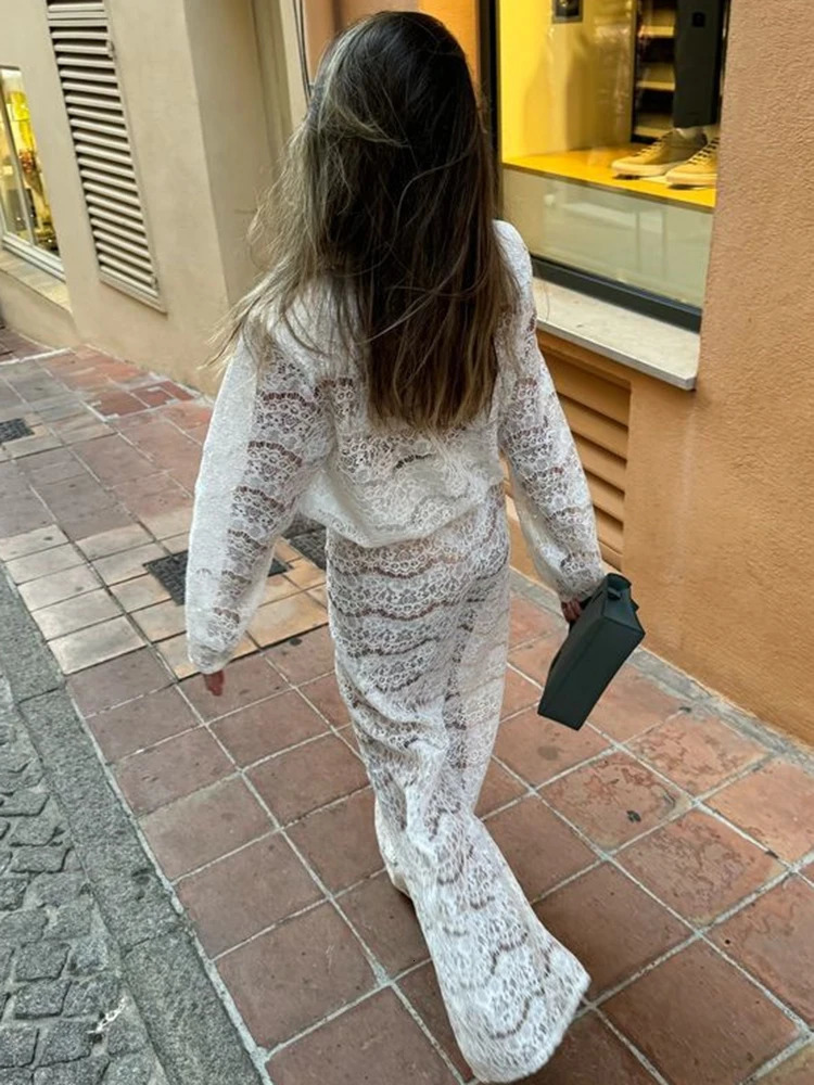 Sibybo Streetwear Lace Pants Set Female Sexy Deep V-neck Loose Top High Waist Wide Leg Pants Two Piece Matching Set 250222