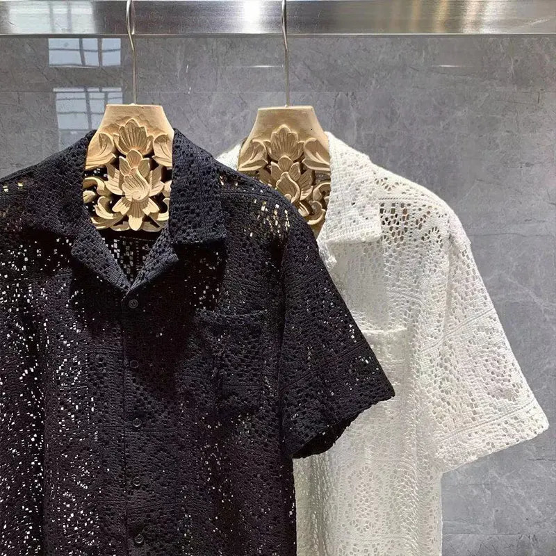 Elegant Fashion Harajuku Slim Fit Male Clothes Loose Casual Sport All Match Shirt Square Neck Hollow Out Button Pockets Blouse 250222