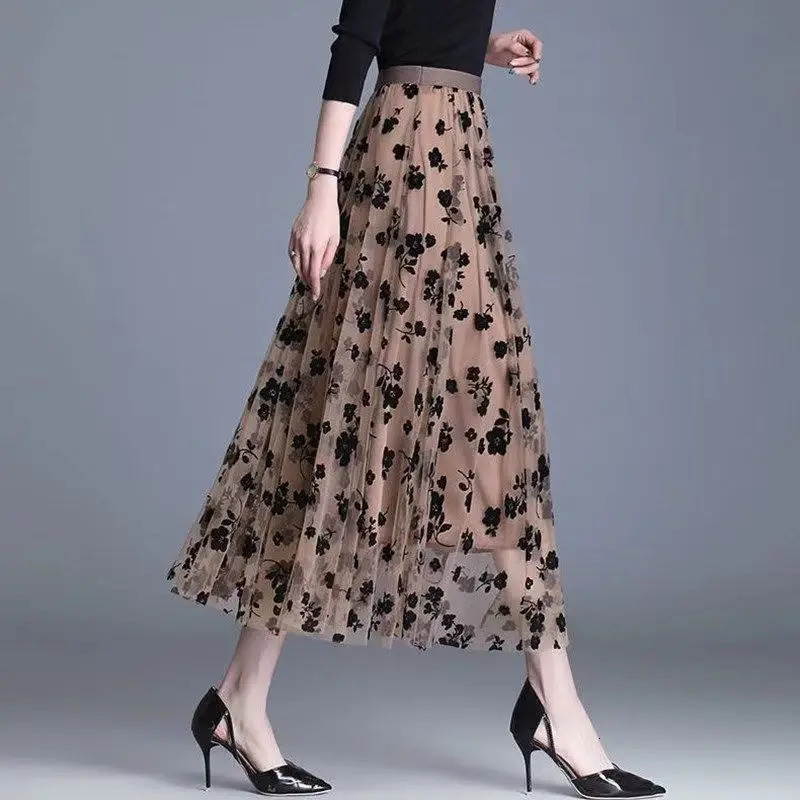 Korean Women Tulle Skirt Fashion Summer Hook Floral Loose Midi Skirt Elegant Female Casual All Match Mesh Skirts 250224
