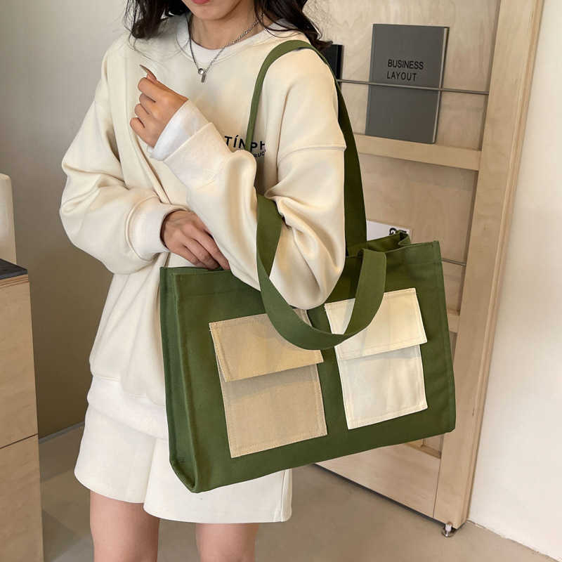Casual canvas bag for women, fashionable, large capacity, portable shopping bag for going out, class commuting, shoulder tote bag 250215