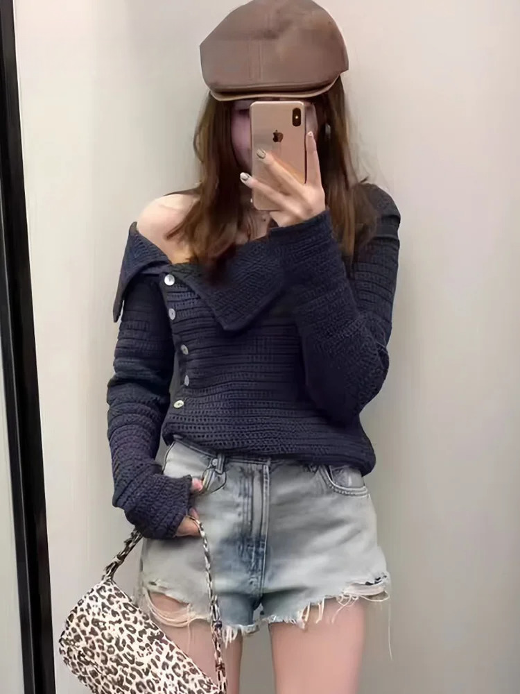 Female Casual Slim Top Solid Blue Long Sleeves Single Off Shoulders Breasted Autumn Vinatge Knitted Sweater