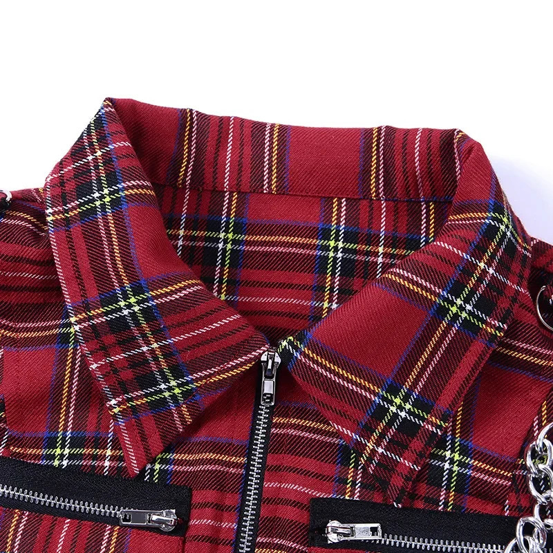 Plaid Punk Street Clothing Zipper Chain Womens Gothic Retro Hi Hop Camis Fashion Sexy Cut Top Tshirt 250226