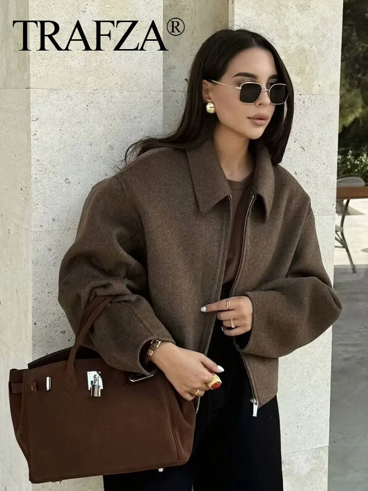 TRAFZA Fashion Brown Zipper Woolen Jacket For Women Elegant Lapel Long Sleeve Short Coats Vintage Autumn Lady Street Outerwear 250227