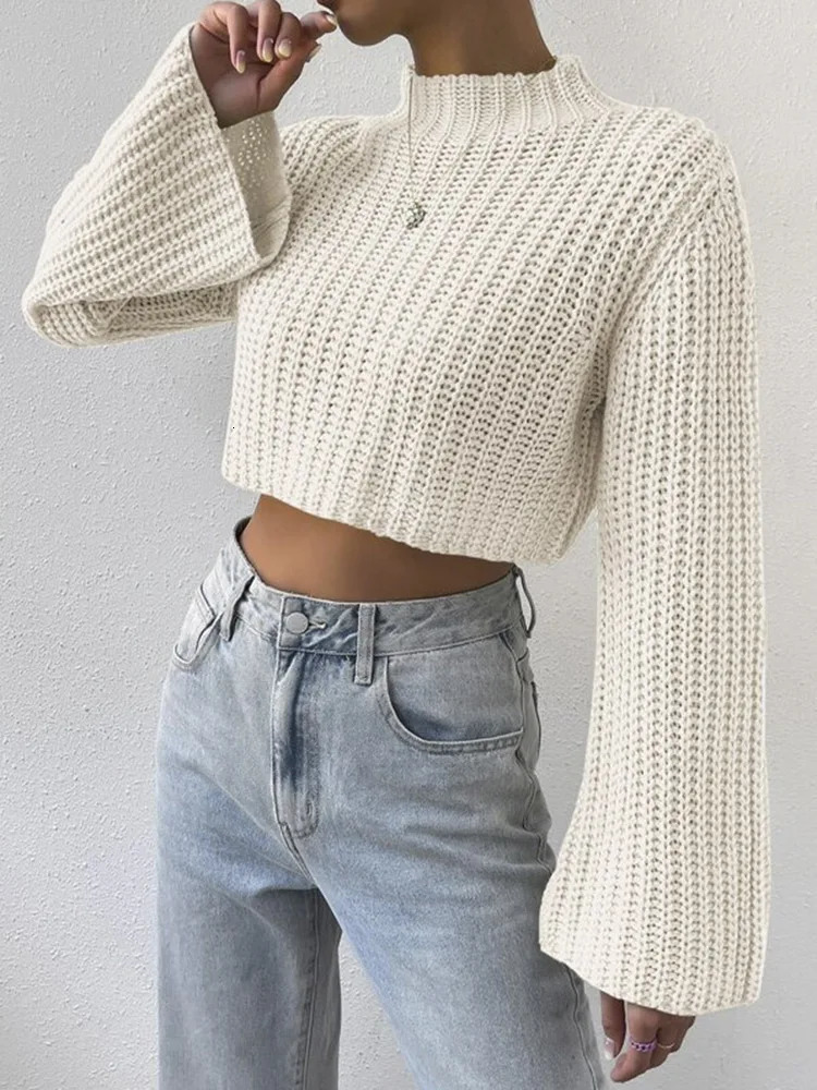 Korean Style Solid Cropped Sweater Women Vintage Oversize Knit Jumper Fmale Autumn Long Sleeve Oneck Pullovers Tops 250225