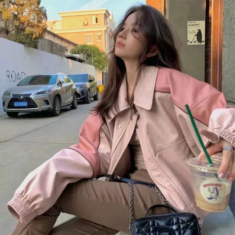 Pink Casual Leather Coat for Women Spring Loose Streetwear Lapel Long Sleeve Jackets Korean Style Chic Vintage Tops 250227