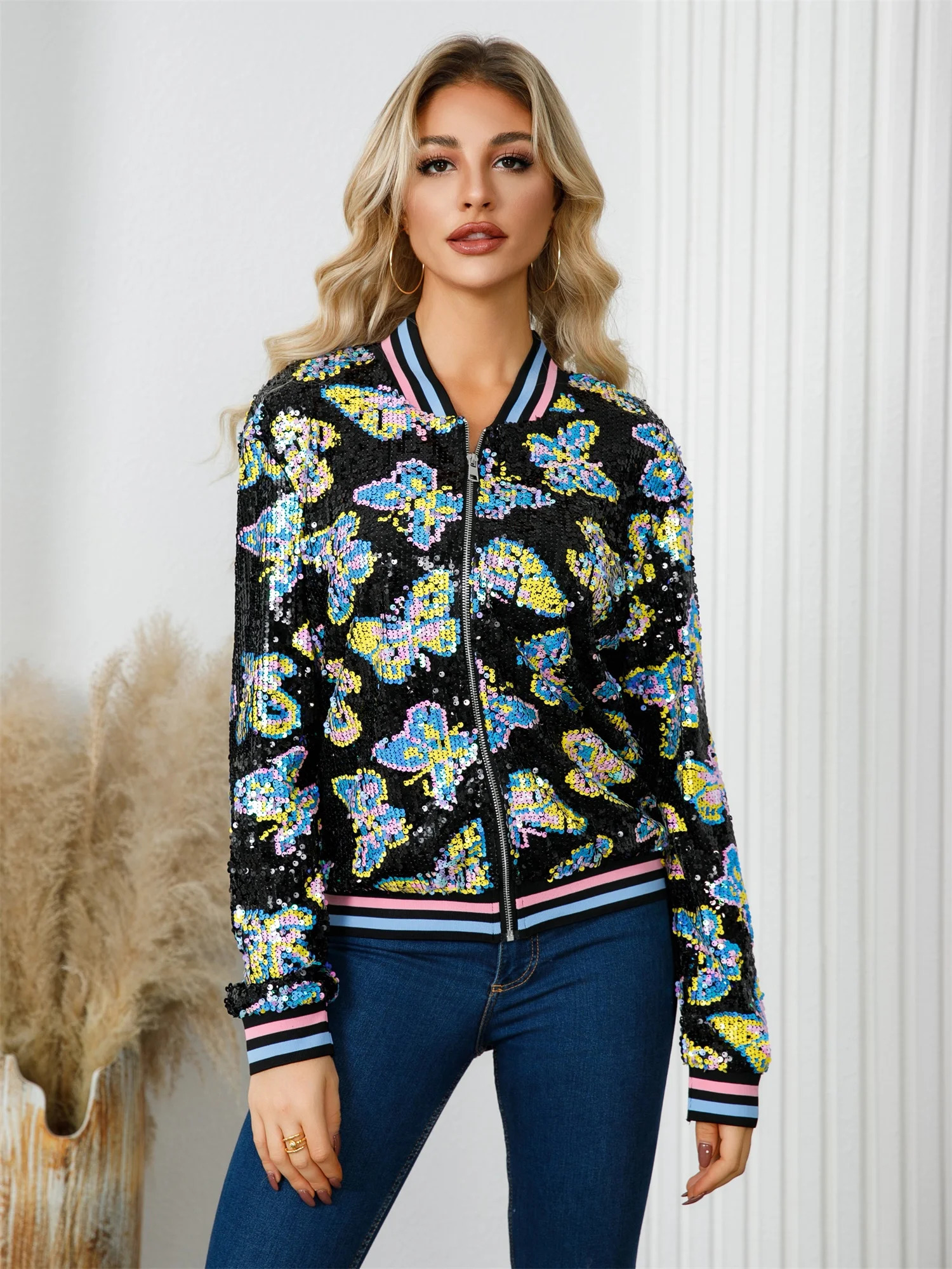 Butterfly Pattern Beaded Jacket Stylish Long Sleeve Zipper For Spring Fall Womens Clothing 250227