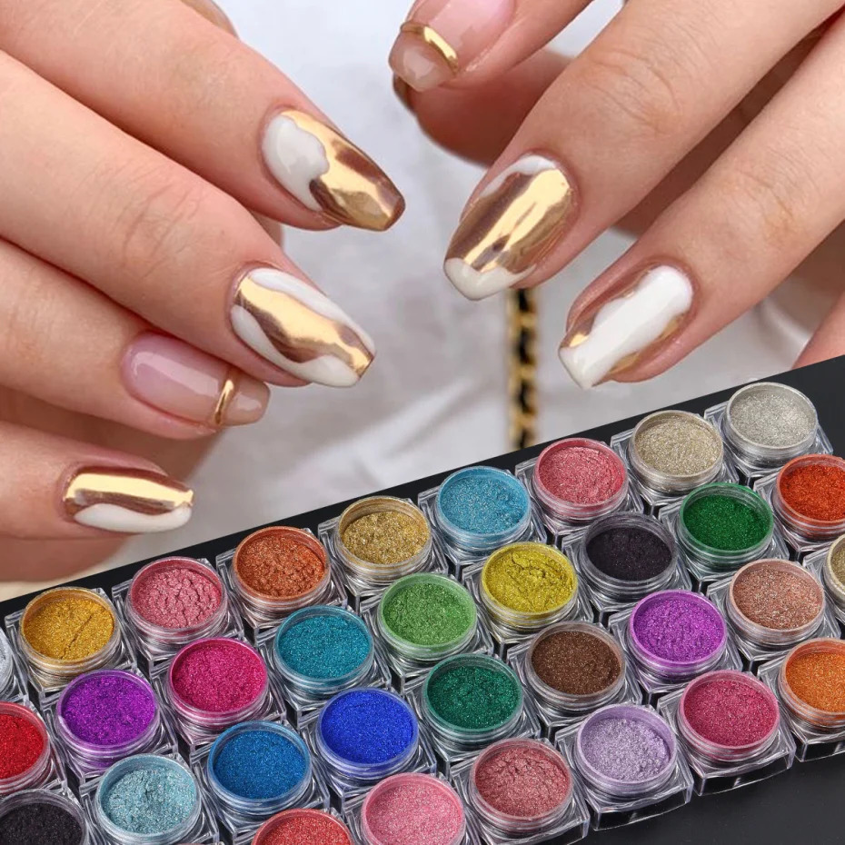 36 Box Super-Bright Metallic Mirror Nail Powder Set Y2K Chrome Pigment Flakes Fine Glitter Rubbing On Dust Manicure Decoration 250227